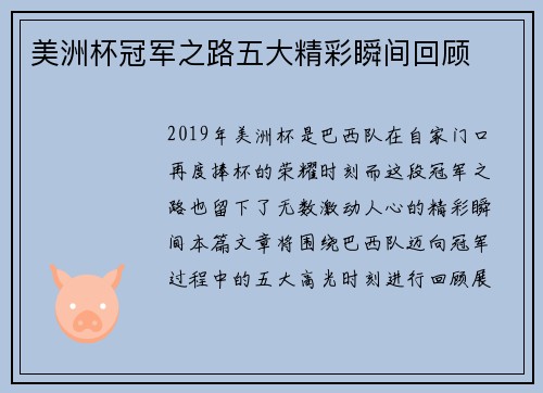 美洲杯冠军之路五大精彩瞬间回顾